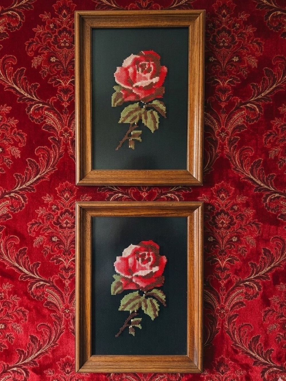 Vintage Needlepoint Cross stitch roses in wood frames
Framed in Greece
Victorian